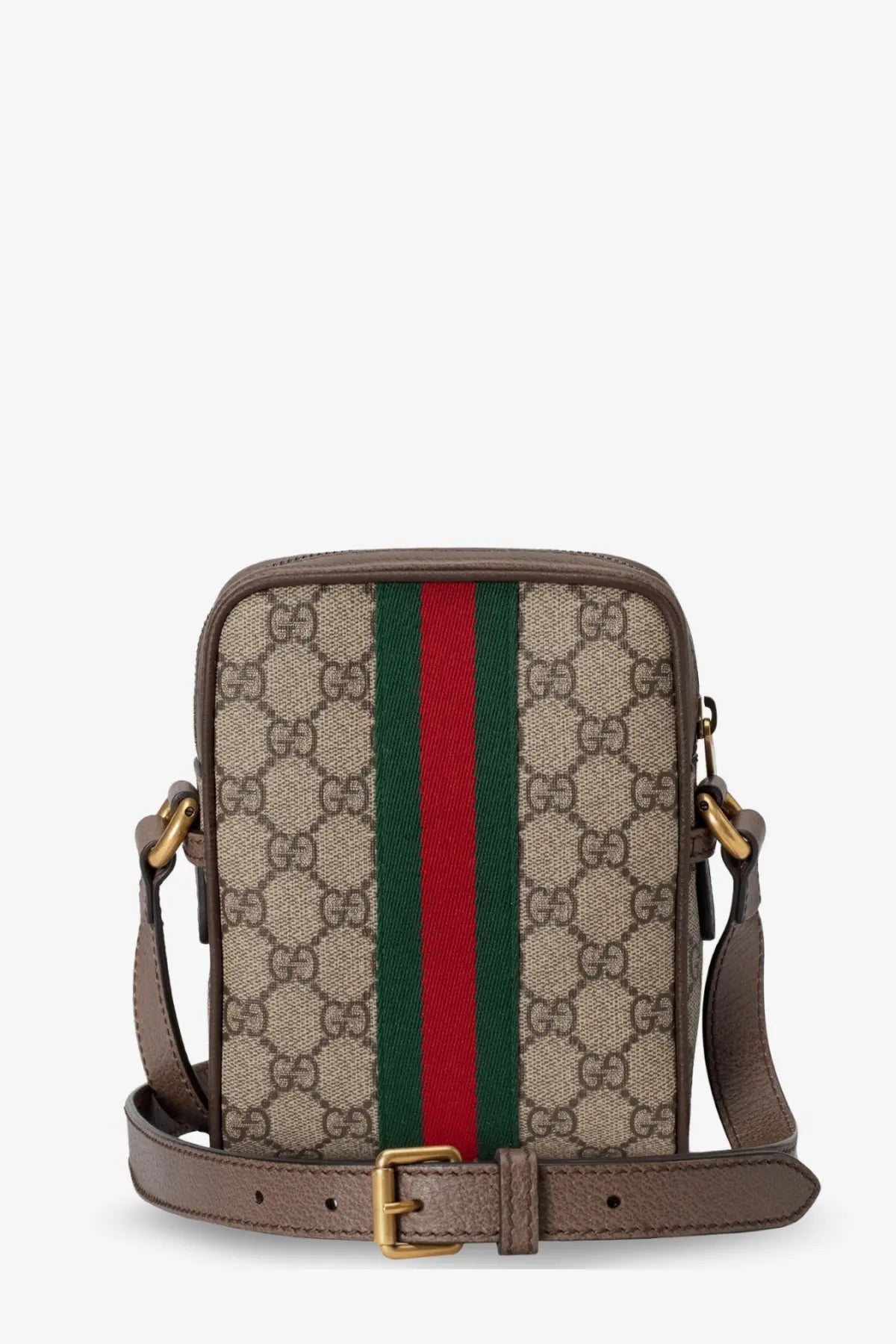 Gucci men’s Ophidia mini shoulder bag in brown leather with beige gg monogram canvas and red green striped webbing