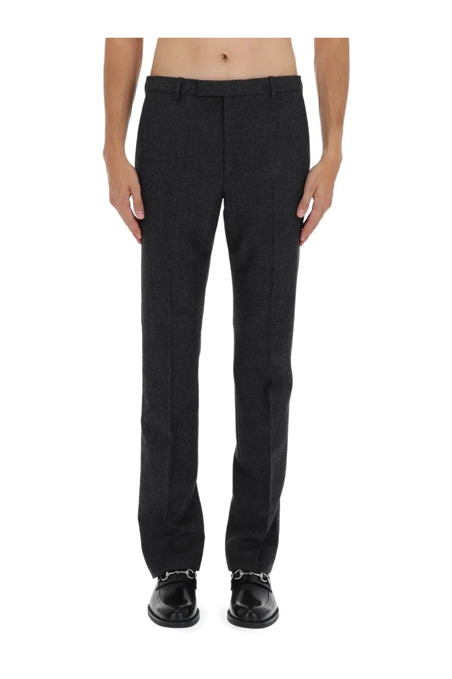 Gucci men’s black wool trousers with subtle textured weave and classic straight-leg cut in mouliné grey