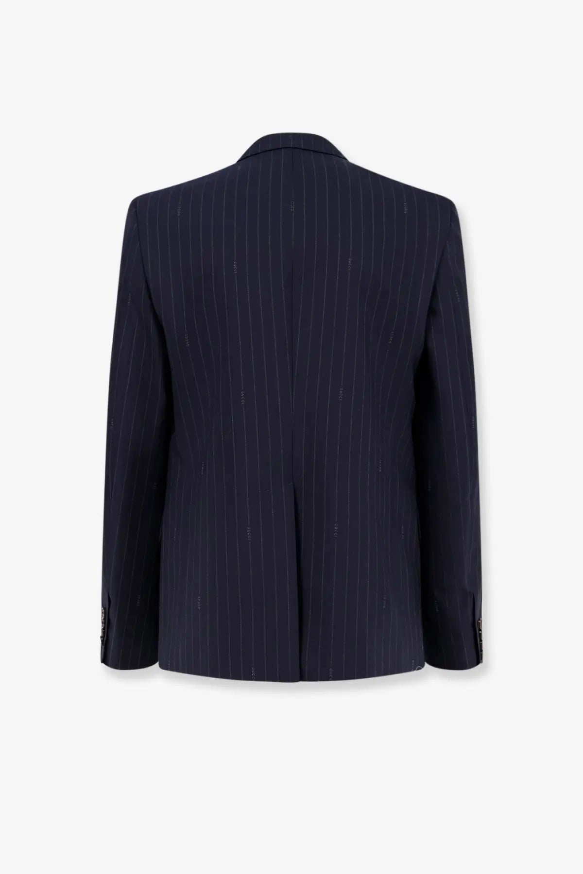 Navy blue pinstripe wool single breasted blazer with fine vertical stripes and subtle textured detailing by Gucci