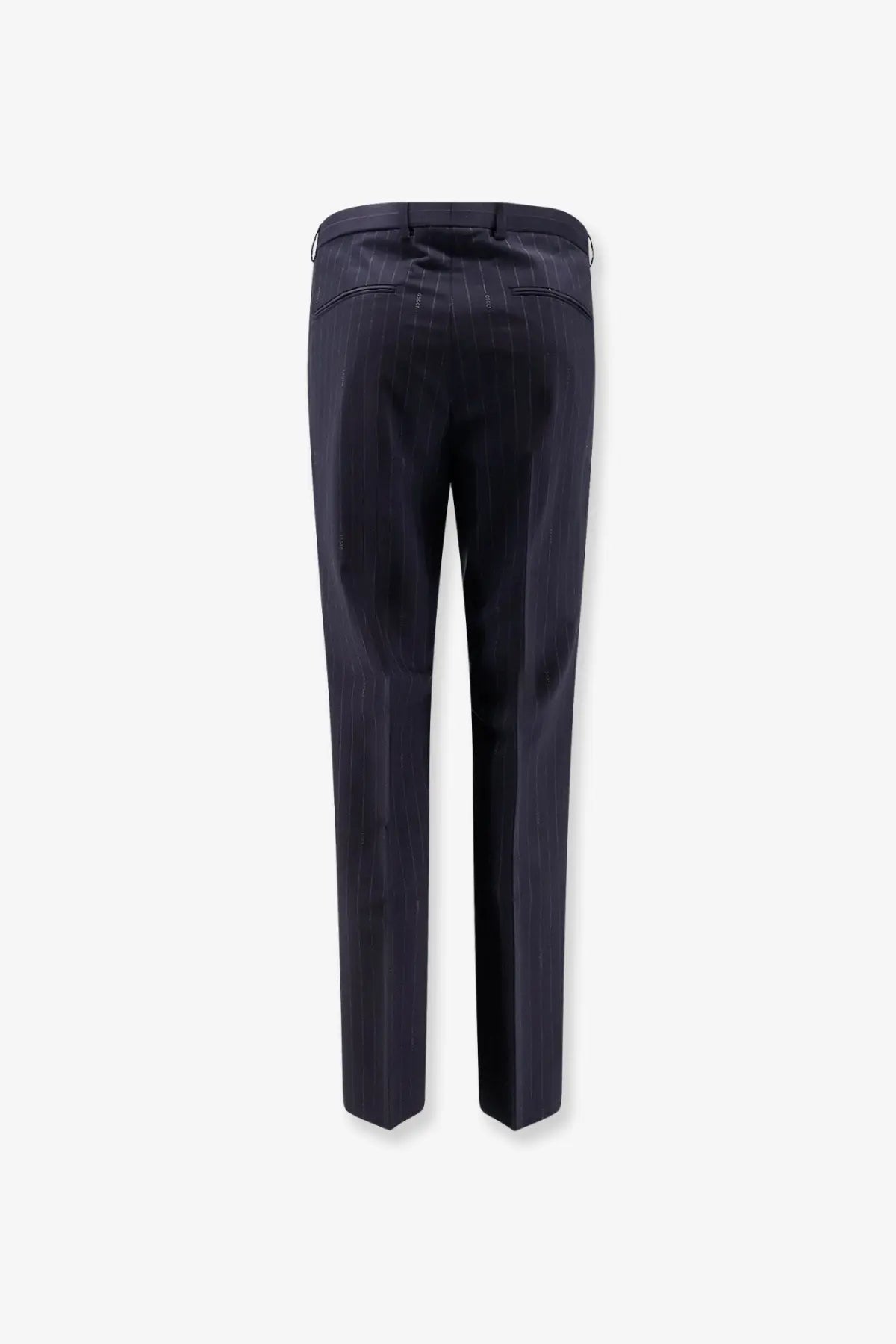 Gucci men’s grey wool tailored trousers with dark navy subtle vertical pinstripes for formal wear