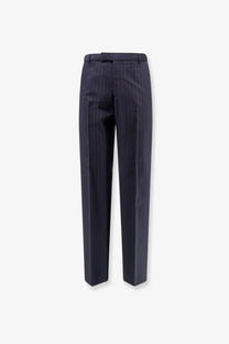 Dark navy pinstripe tailored wool trousers with a sleek straight-leg cut from Gucci menswear collection