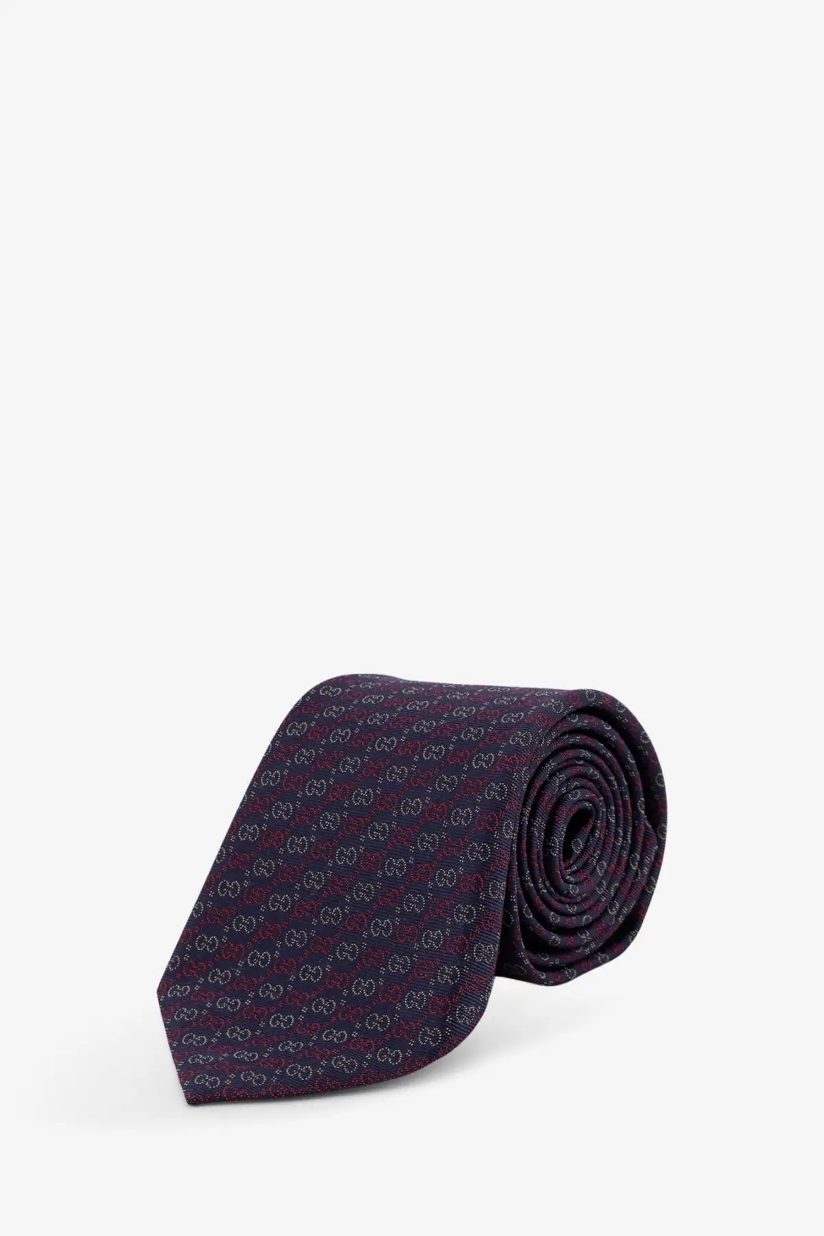 Gucci men’s pixy silk tie dark purple with repeating lighter interlocking gg monogram pattern