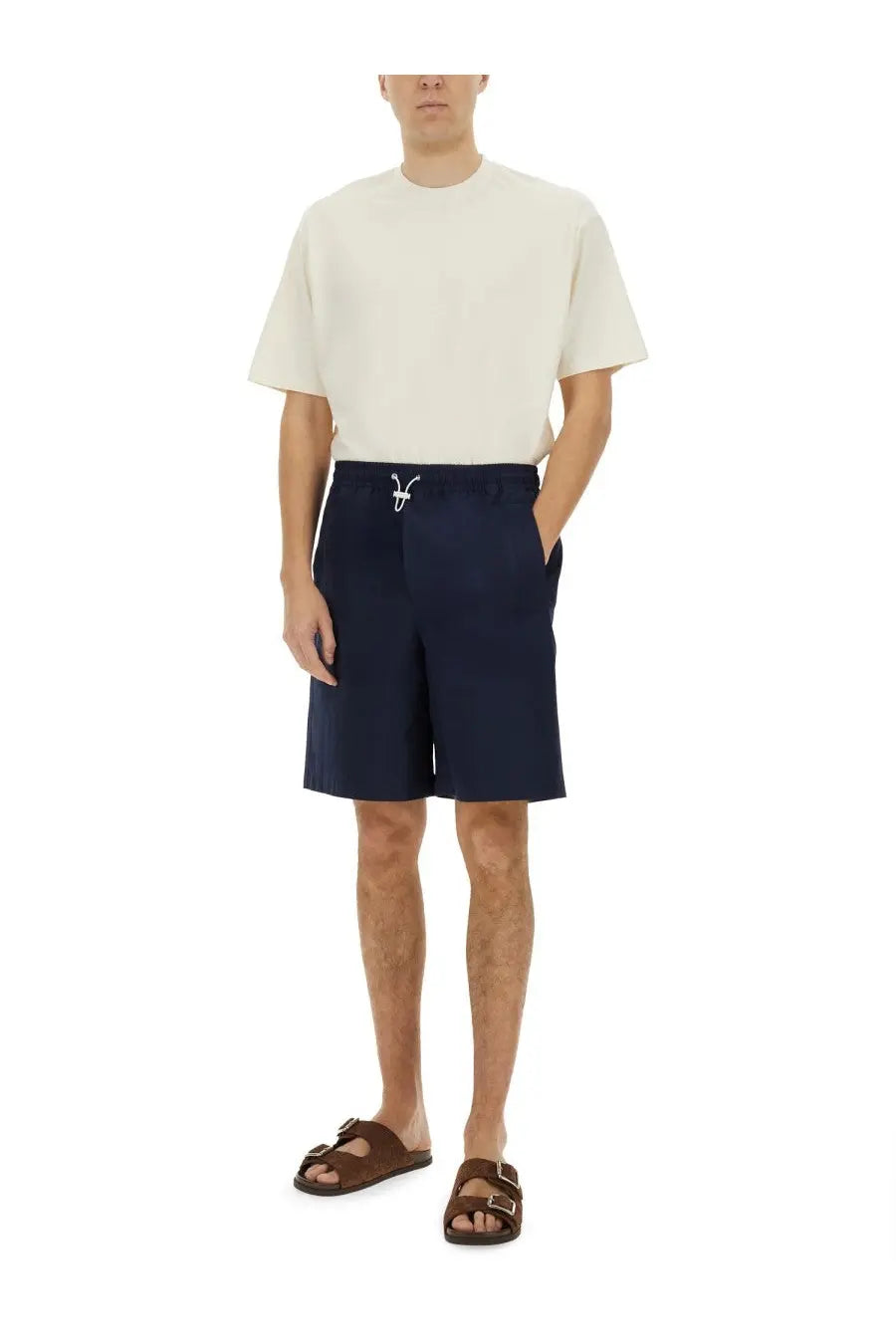 Gucci men’s navy blue cotton poplin shorts with white drawstring waistband and side pockets