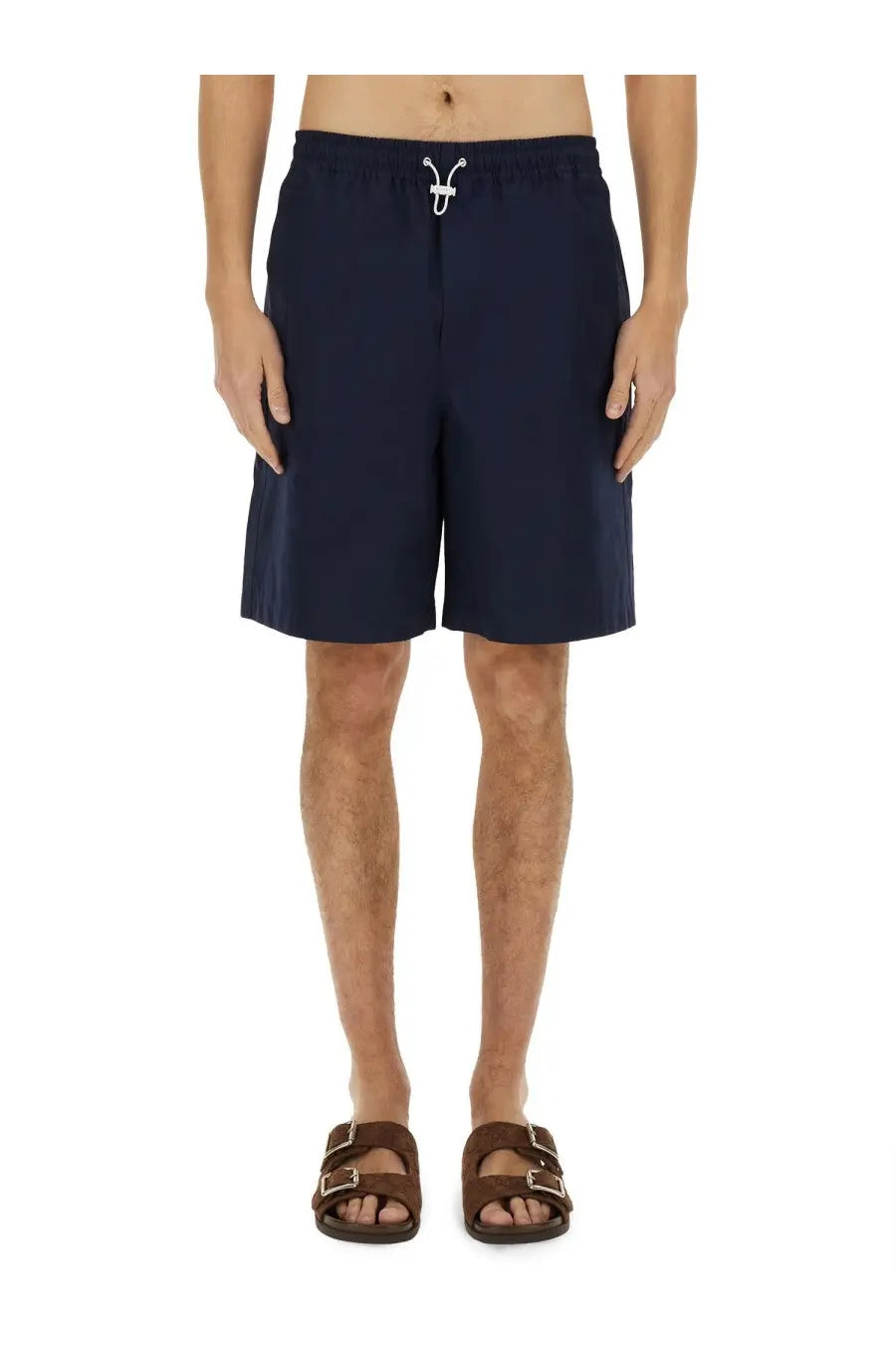 Navy blue cotton Gucci men’s poplin shorts with white drawstring tie at the waist for casual wear