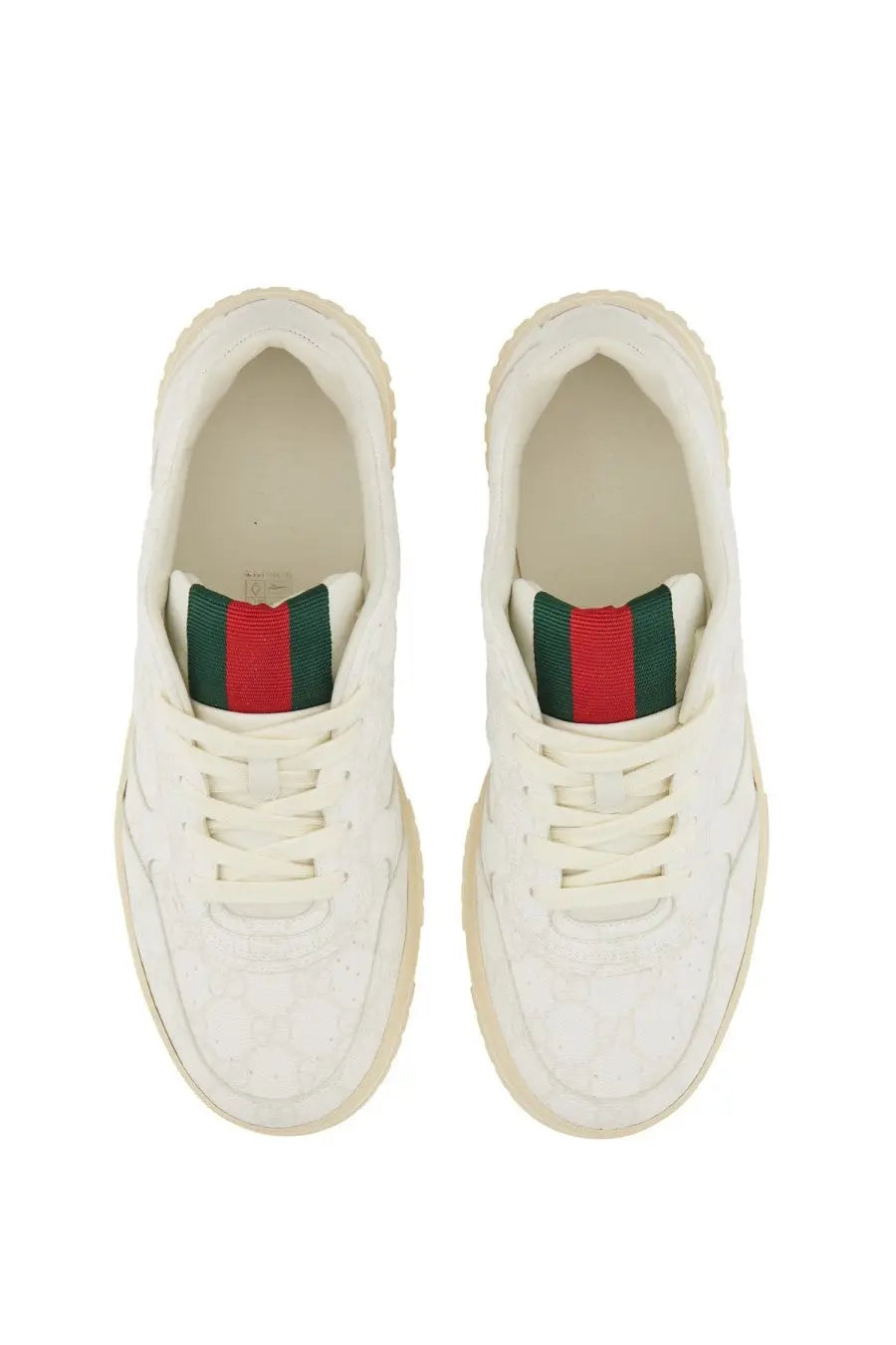 Gucci men’s RE web sneaker white with subtle textured upper cream rubber sole and red green striped collar lining