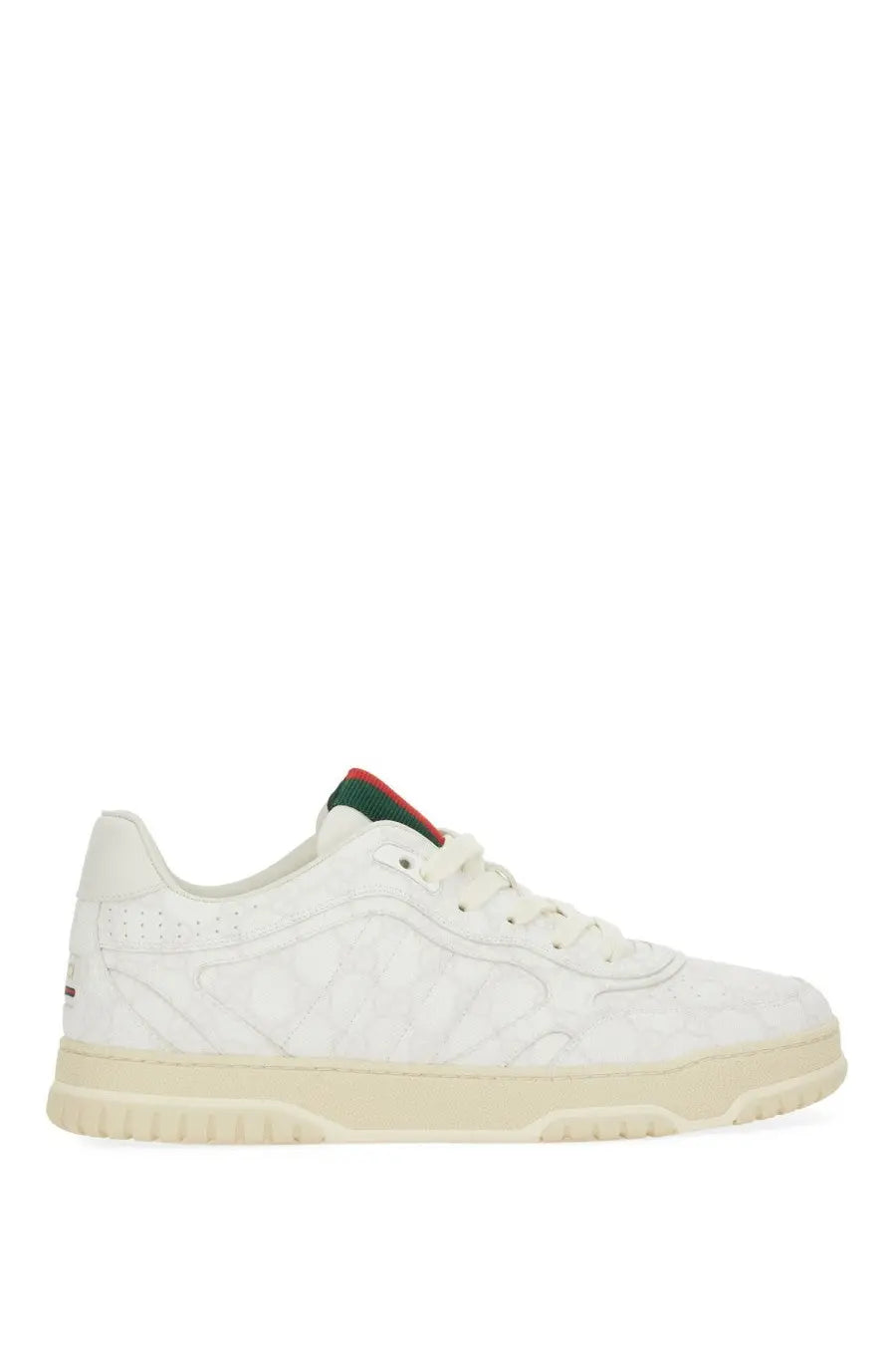 White gucci mens re web sneaker with textured upper green and red heel tab and cream rubber sole back view