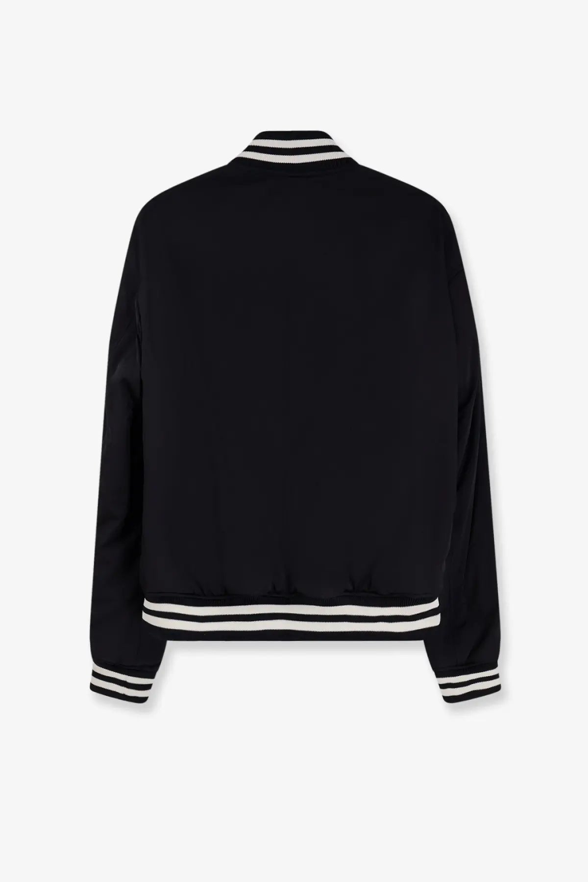 Gucci men’s reversible black bomber jacket with white striped trim at collar cuffs and hem