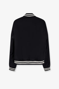 Gucci men’s reversible black bomber jacket with white striped trim at collar cuffs and hem