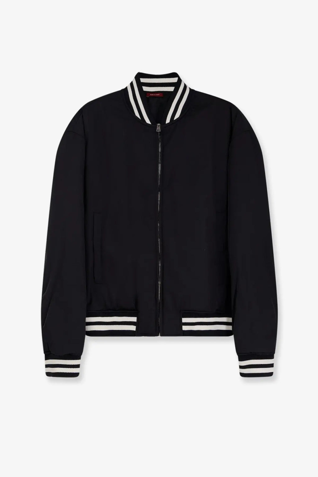 Gucci men’s reversible bomber jacket in black with white striped collar cuffs and hem made from premium material