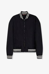 Gucci men’s reversible bomber jacket in black with white striped collar cuffs and hem made from premium material