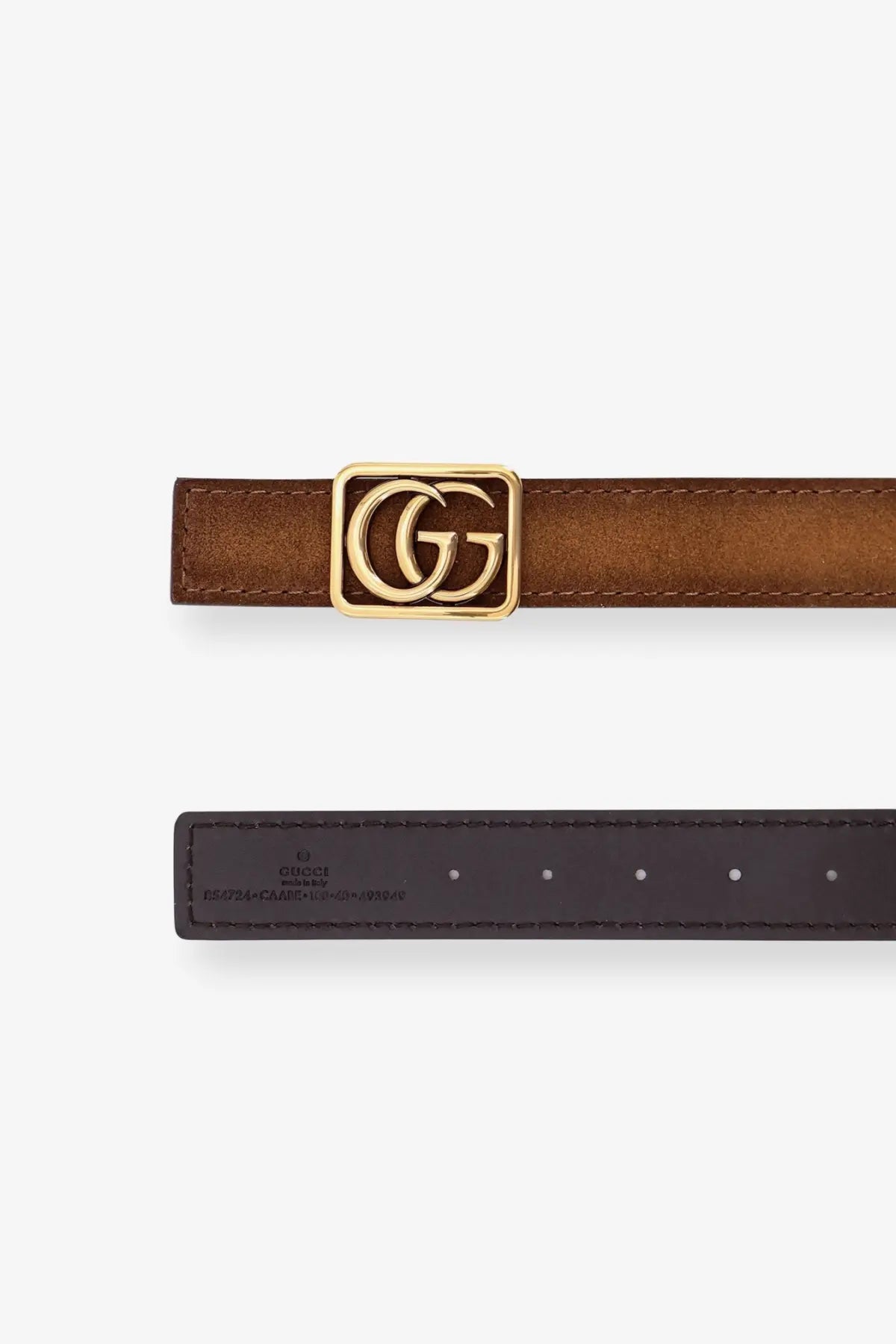 Gucci men’s reversible leather belt in brown with a gold-tone interlocking gg buckle and grey detailing