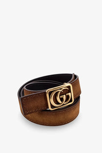Gucci men’s reversible leather belt grey with brown suede and gold-tone rectangular buckle with interlocking GG logo