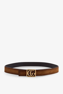 Gucci men’s reversible leather belt grey with brown suede and gold tone gg logo buckle visible in front view