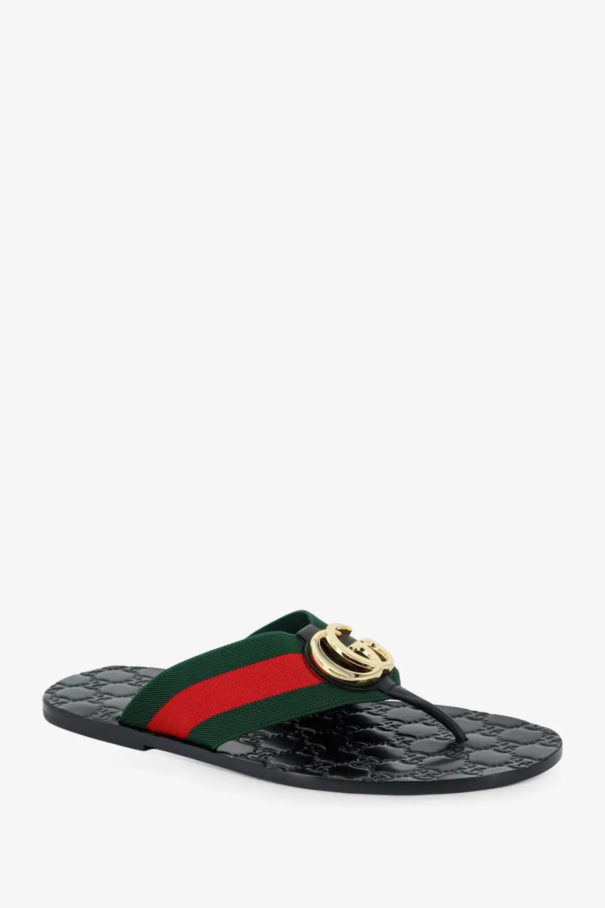Black Gucci men’s Riviera leather sandals with green and red web stripe and gold-tone GG logo buckle
