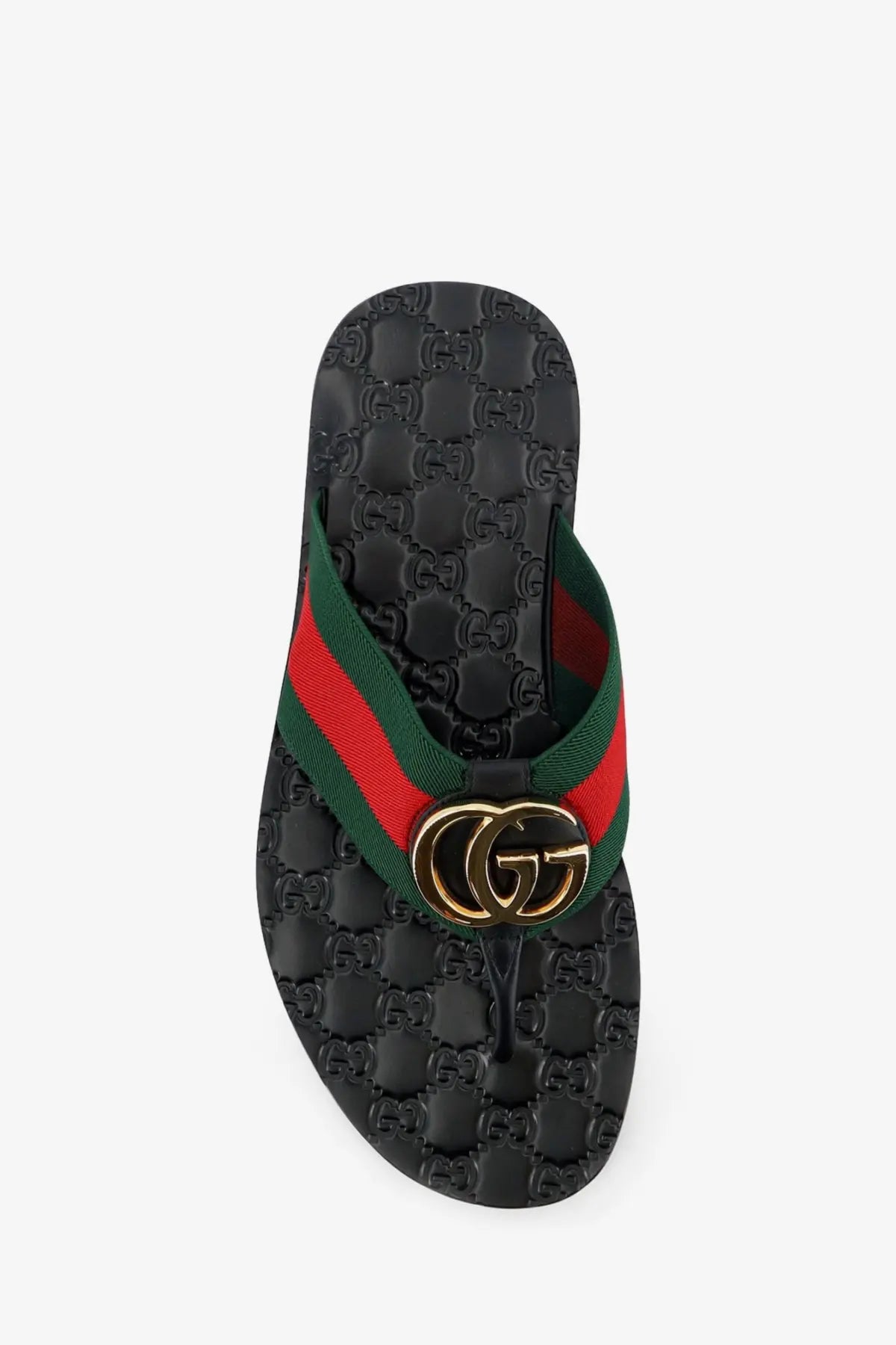Black Gucci men’s Riviera leather sandals featuring green and red striped strap with gold interlocking GG logo buckle