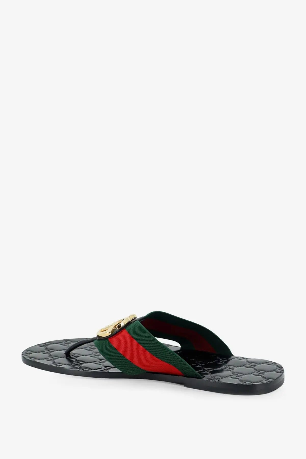 Black Gucci men’s Riviera leather sandals featuring red and green web stripe with gold-tone logo buckle