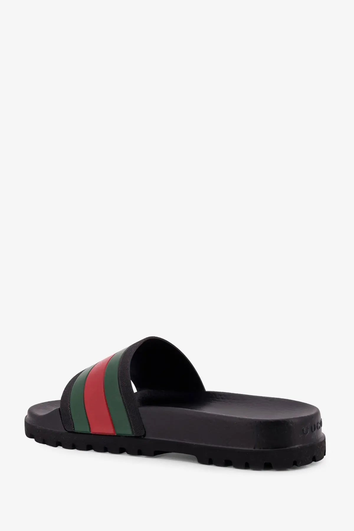 Gucci men’s rubber slide black with bold red green and black striped strap for casual wear