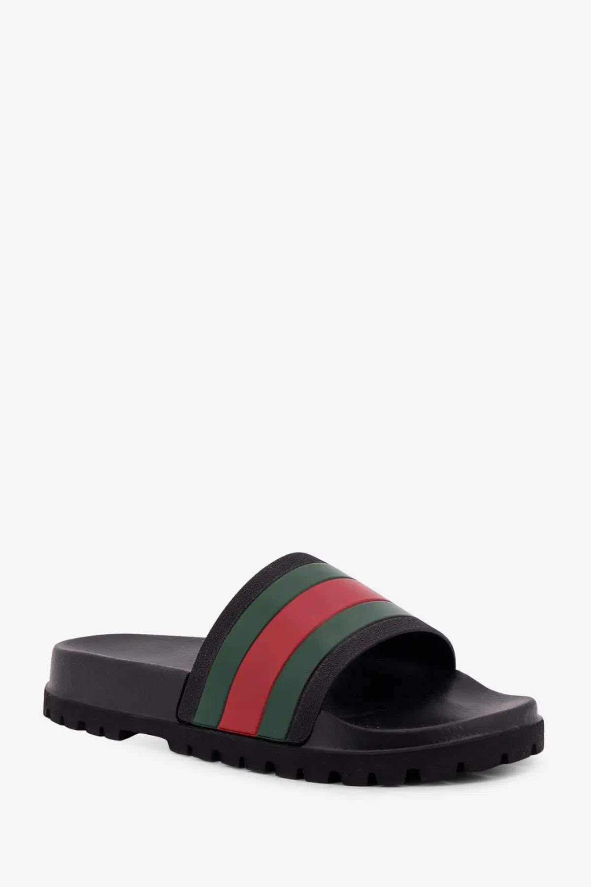 Black Gucci men’s rubber slide sandal with bold red and green striped strap for casual wear