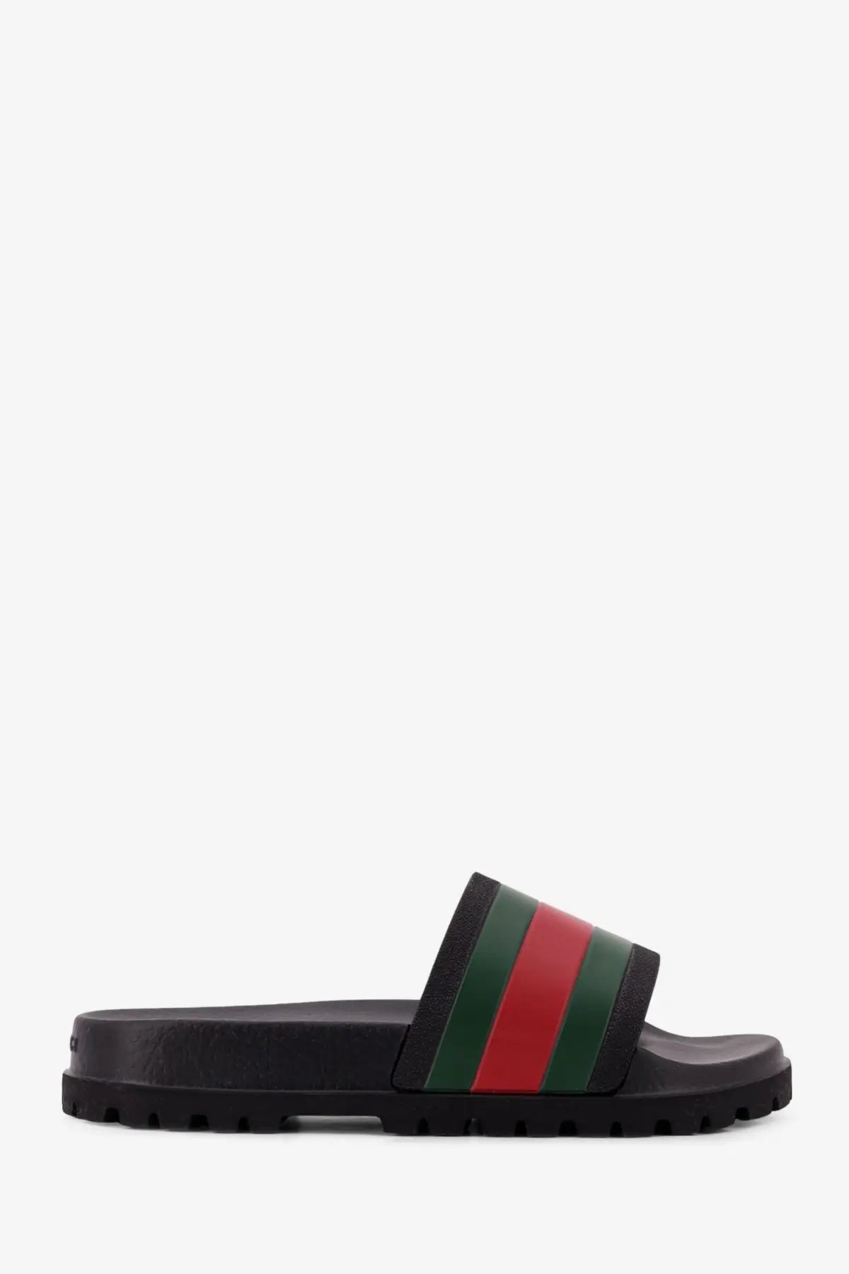 Black gucci men’s rubber slide sandal with bold red and green striped rubber strap for casual wear