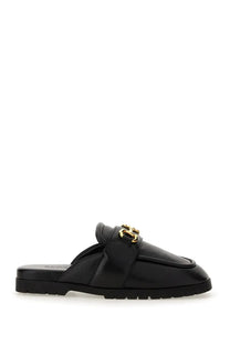 Gucci men’s sabot black leather mule slip-on shoe with gold-tone chain-link buckle front view