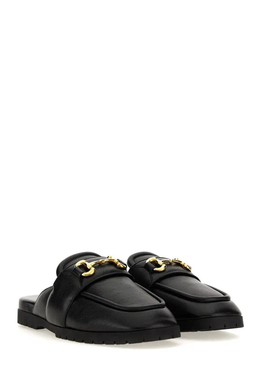 Gucci men’s sabot black leather mules with gold tone horsebit detailing front view