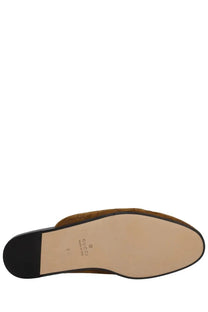 Gucci men’s sabot brown suede mule slip-on shoe with black rubber heel and tan insole front view