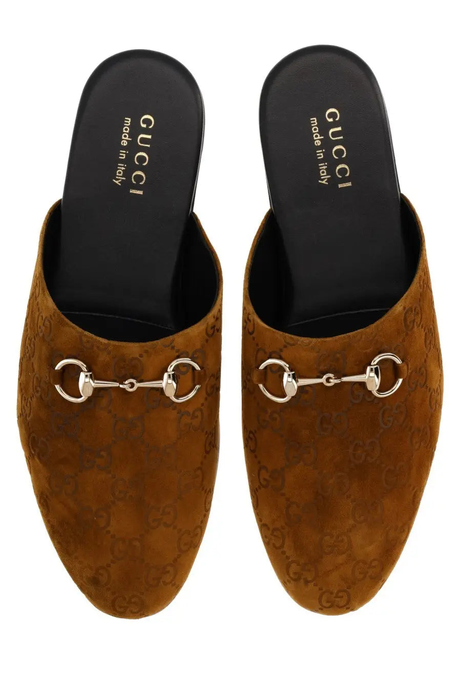 Gucci men’s sabot brown brown suede mules with metallic horsebit buckle and embossed GG monogram pattern
