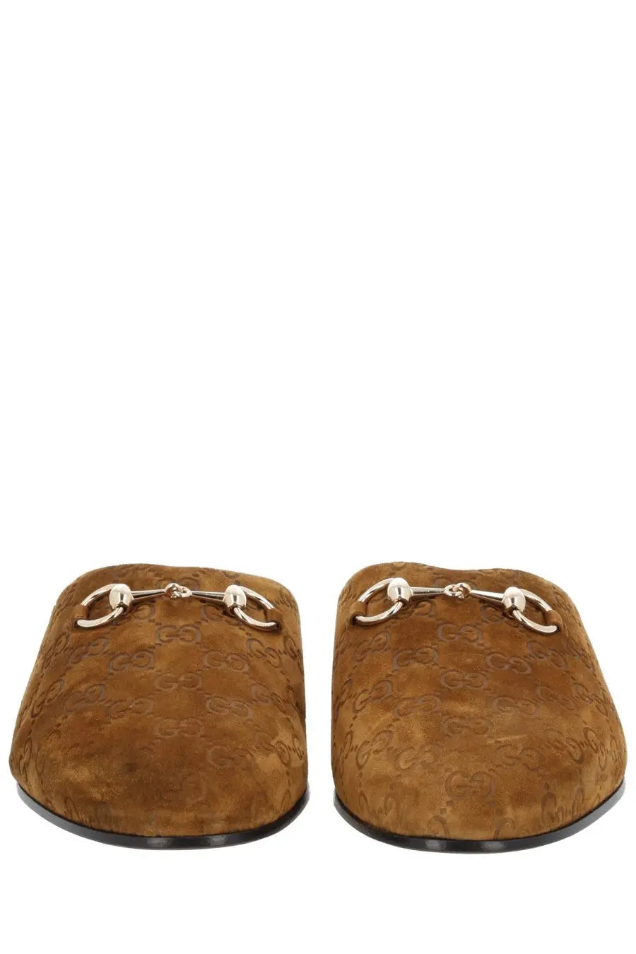 Gucci men’s sabot brown brown suede mules with signature gg monogram pattern and metallic horsebit detailing
