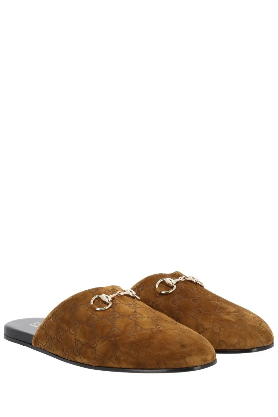 Brown suede gucci men’s sabot mules with signature horsebit buckle