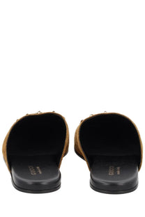 Gucci men’s sabot brown tan suede slide sandals with black rubber soles and metallic hardware front view