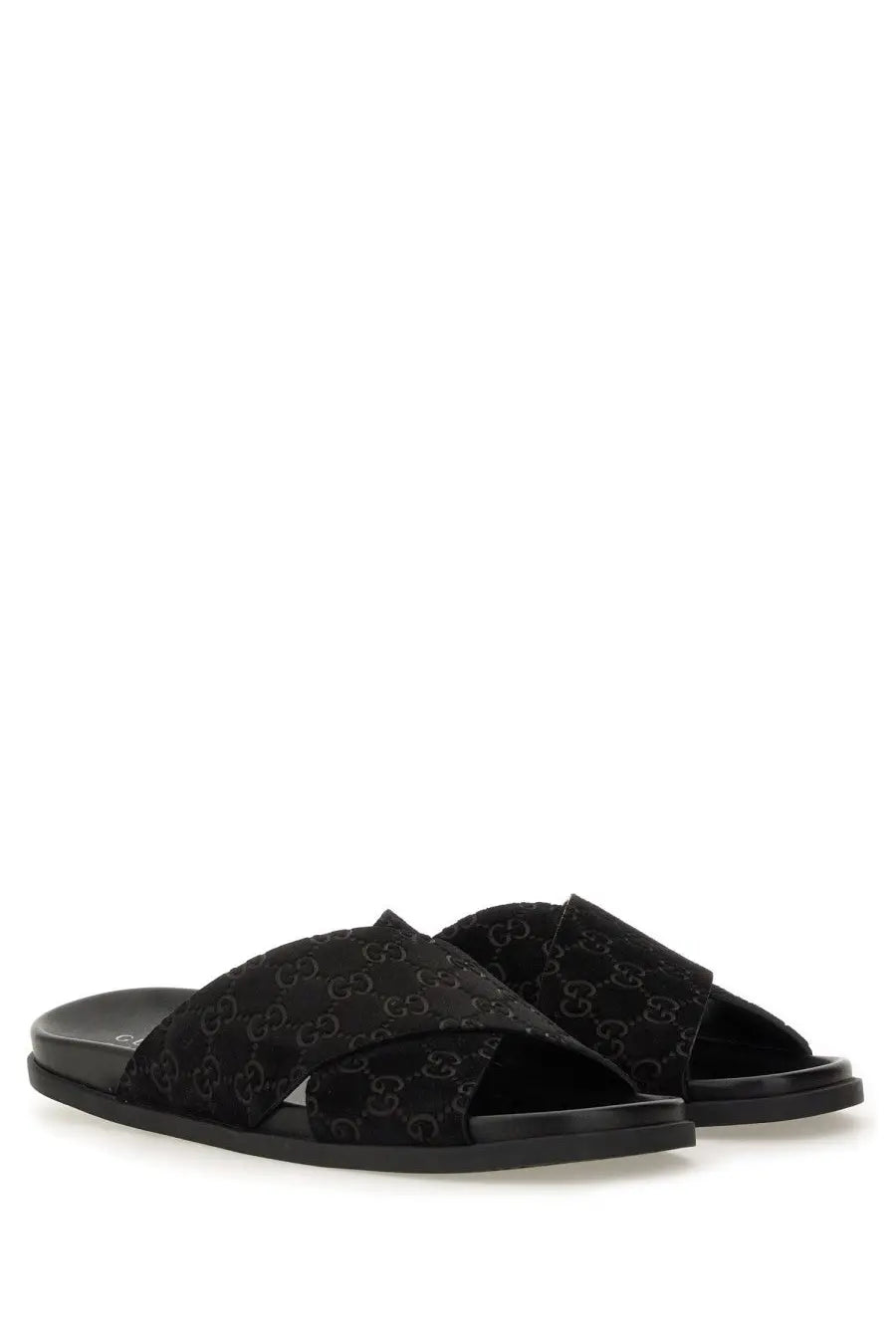 Black Gucci men’s sandal slider with multicolor repeating GG logo pattern on the upper for casual wear