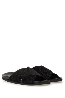 Black Gucci men’s sandal slider with multicolor repeating GG logo pattern on the upper for casual wear