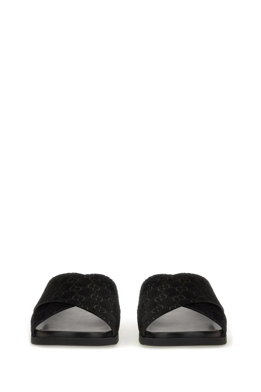 Black gucci men’s sandal slider with textured fabric upper and subtle logo pattern multicolor design
