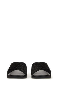 Black gucci men’s sandal slider with textured fabric upper and subtle logo pattern multicolor design