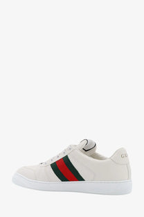 Gucci men’s screener leather sneakers white with classic leather upper and red green striped webbing on the side