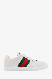 Gucci men’s screener leather sneakers white with classic leather upper and red green striped webbing on the side