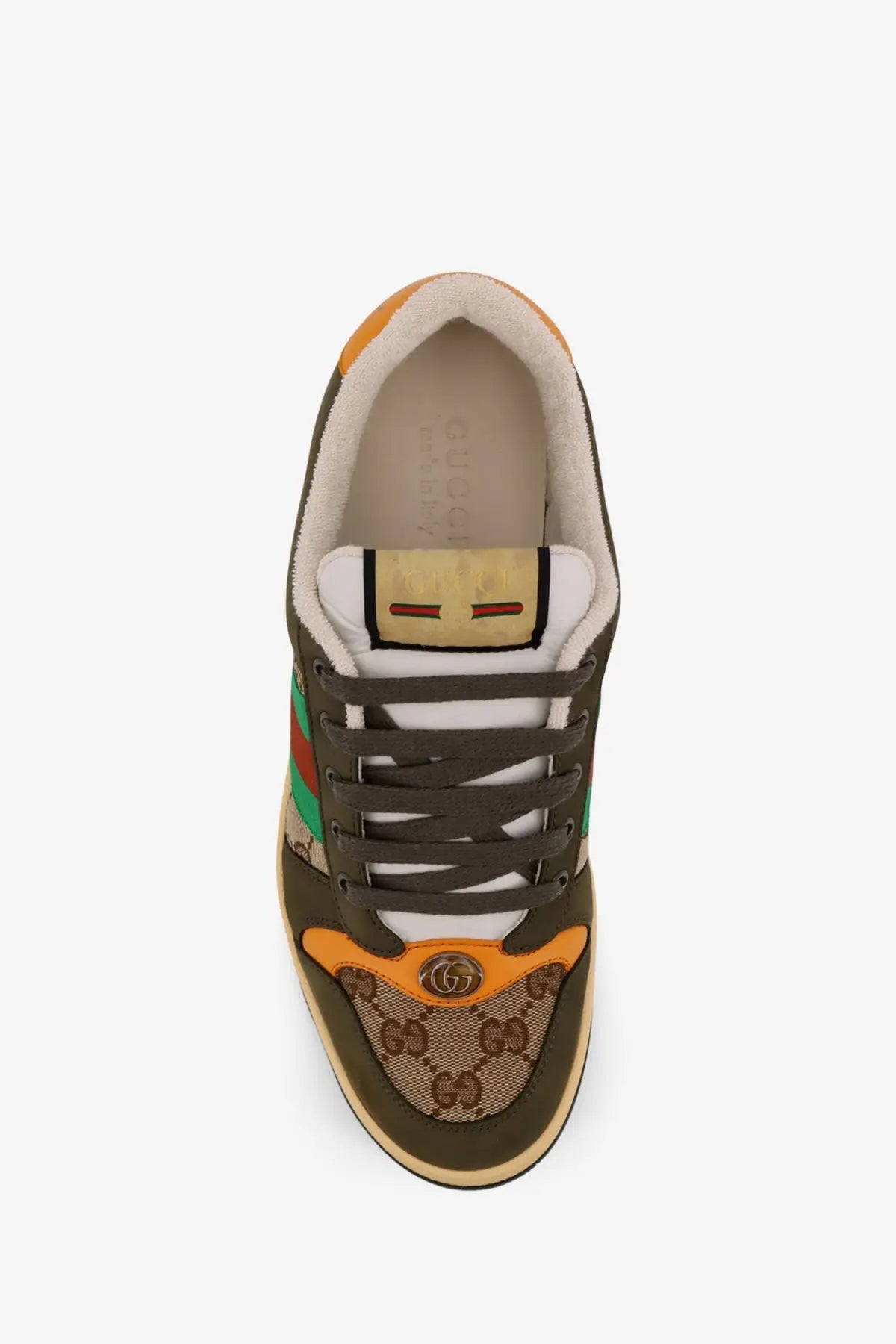 Gucci men’s low top sneaker in olive green and orange with brown gg supreme canvas white laces and tan leather heel tab