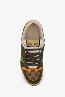 Gucci men’s low top sneaker in olive green and orange with brown gg supreme canvas white laces and tan leather heel tab