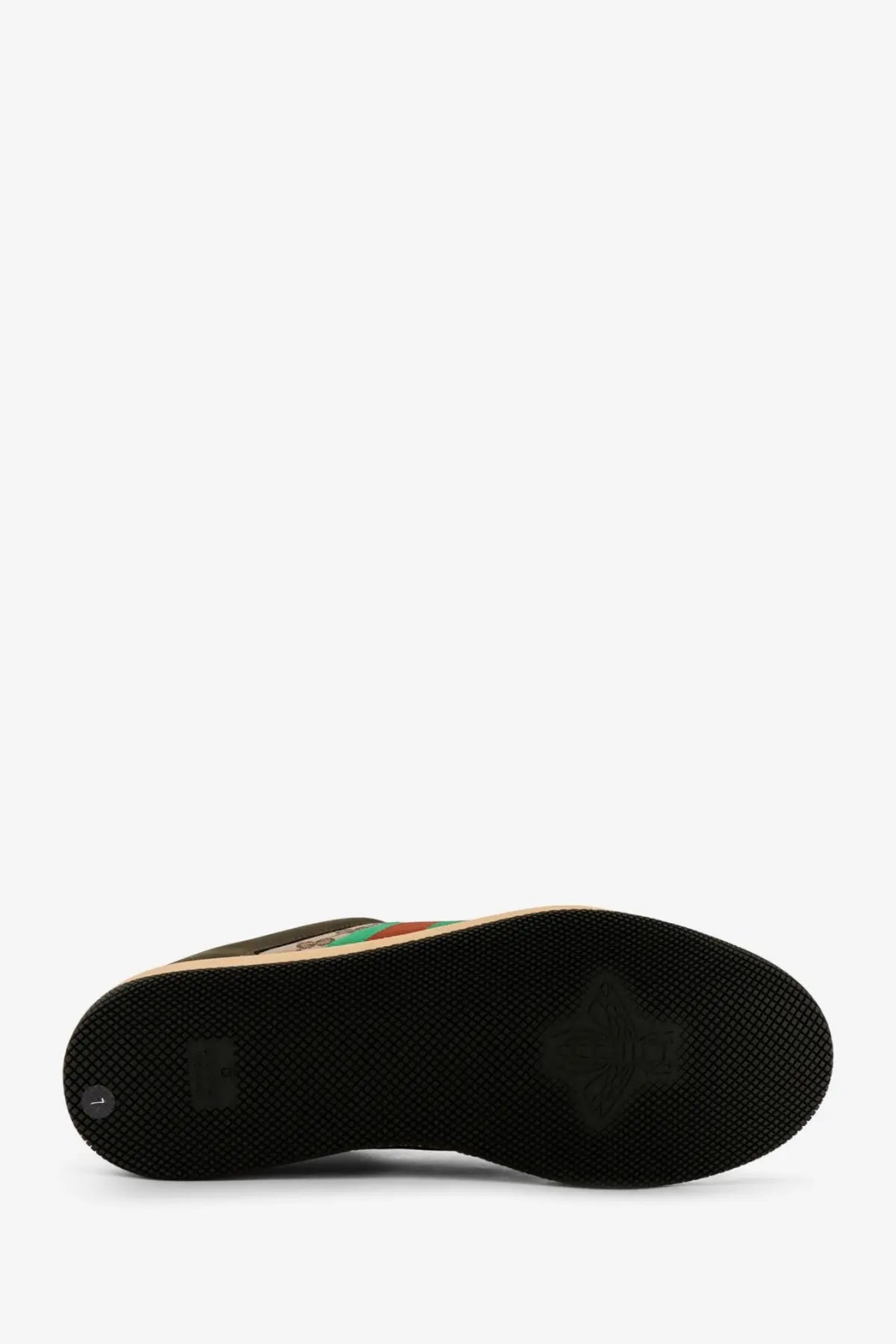 Black rubber sole with textured grip and embossed logo on the heel of gucci mens screener low top leather and gg supreme sneakers