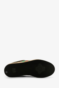 Black rubber sole with textured grip and embossed logo on the heel of gucci mens screener low top leather and gg supreme sneakers