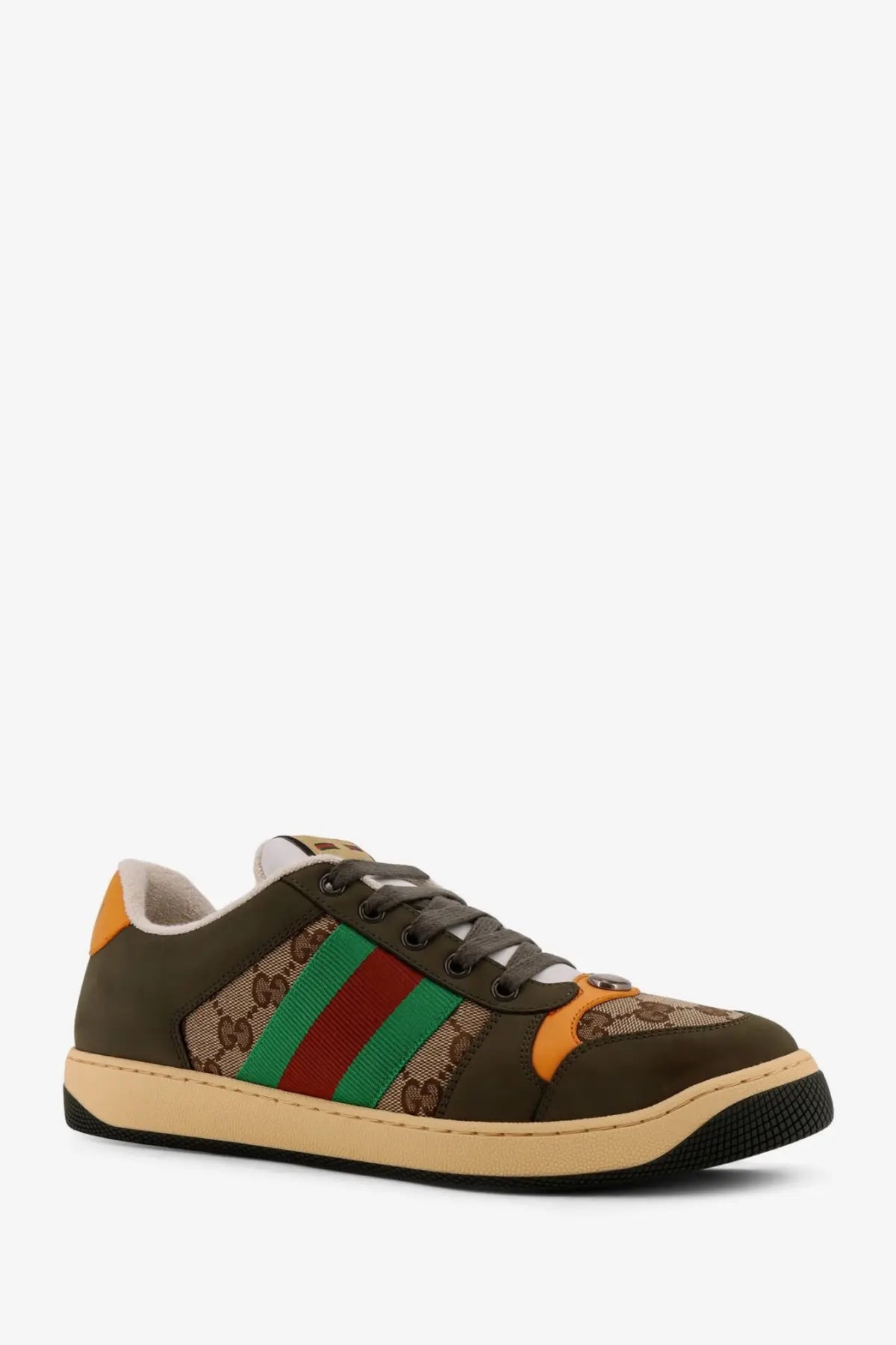 Olive green gucci men’s screener low top sneaker with brown gg supreme canvas red green stripes and orange heel tab