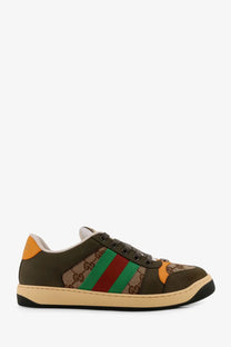 Gucci men’s screener low top leather and gg supreme fabric sneaker in olive green with beige red green striped panel and orange accents