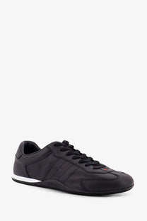 Black Gucci men’s Gucci shift leather sneaker with sleek leather upper white rubber sole and red accent on tongue