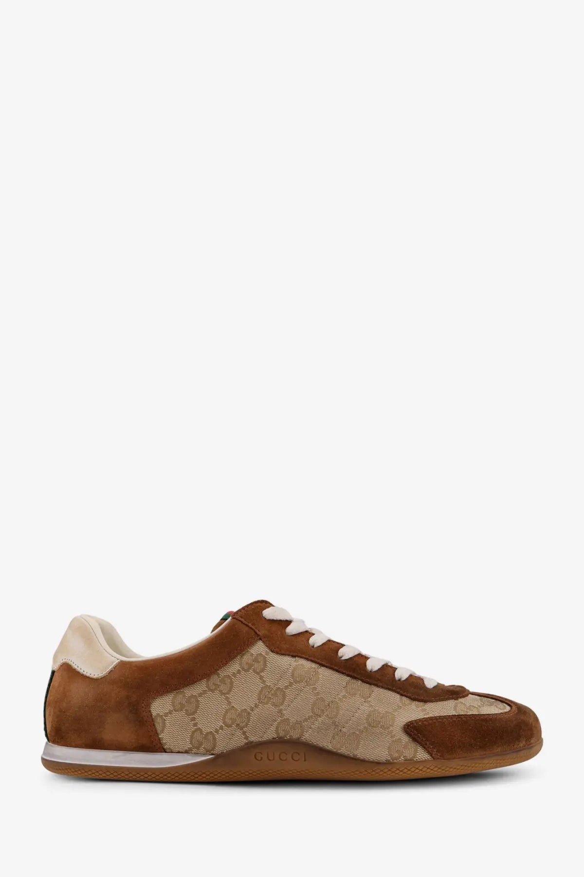 Brown suede and beige gucci gg supreme canvas sneaker with white laces from gucci men’s shift suede sneakers yellow collection