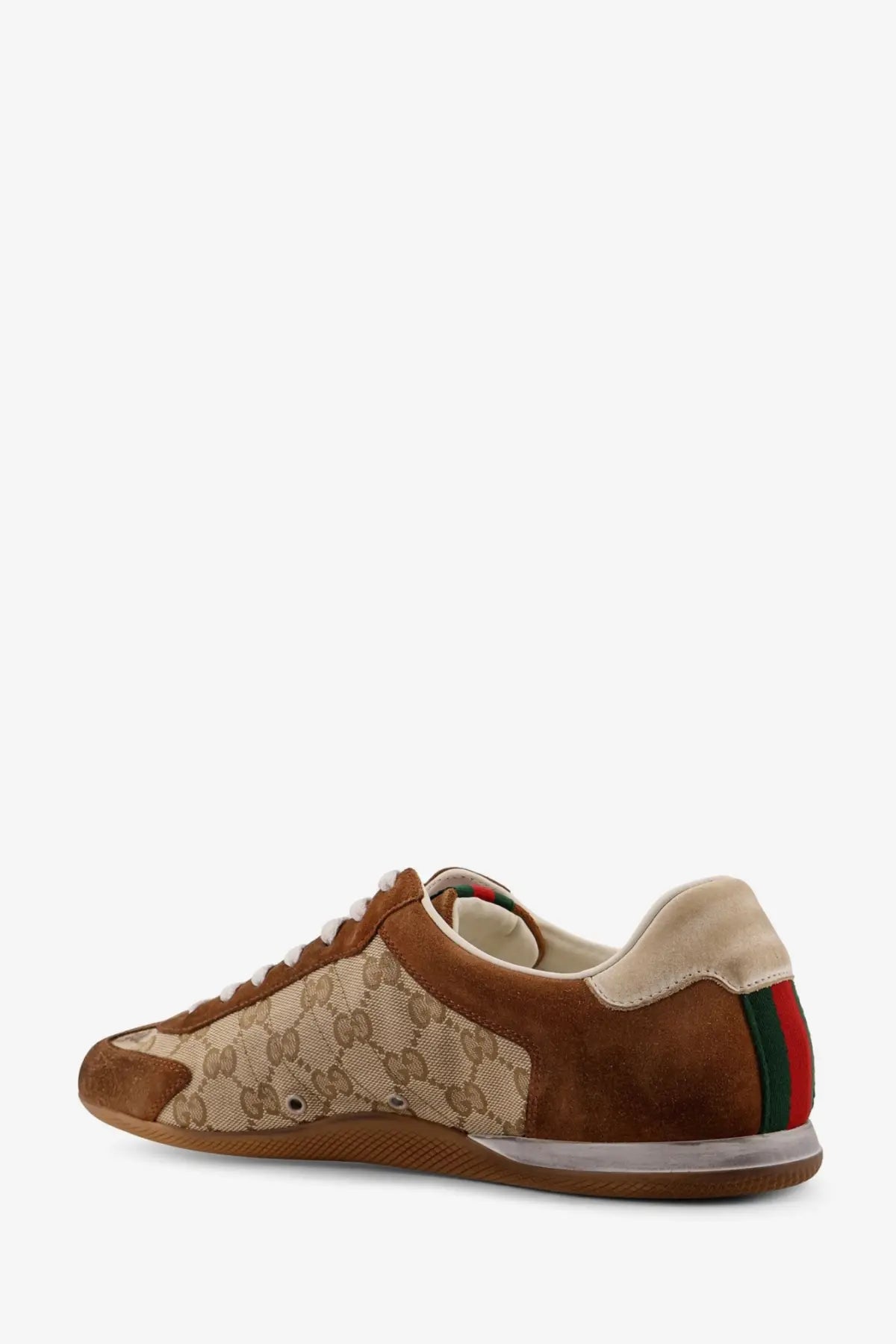 Back view of gucci men’s shift suede sneakers in brown and beige with red green white striped heel tab