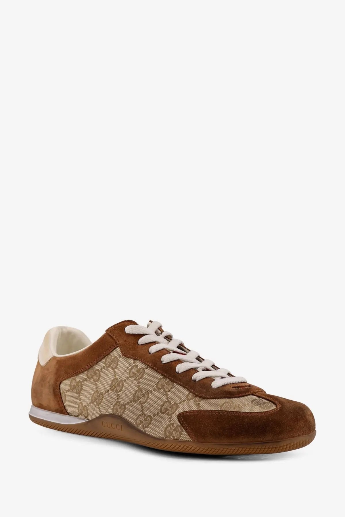 Gucci men’s shift suede sneakers in brown suede and beige gg supreme canvas with white laces and yellow accents