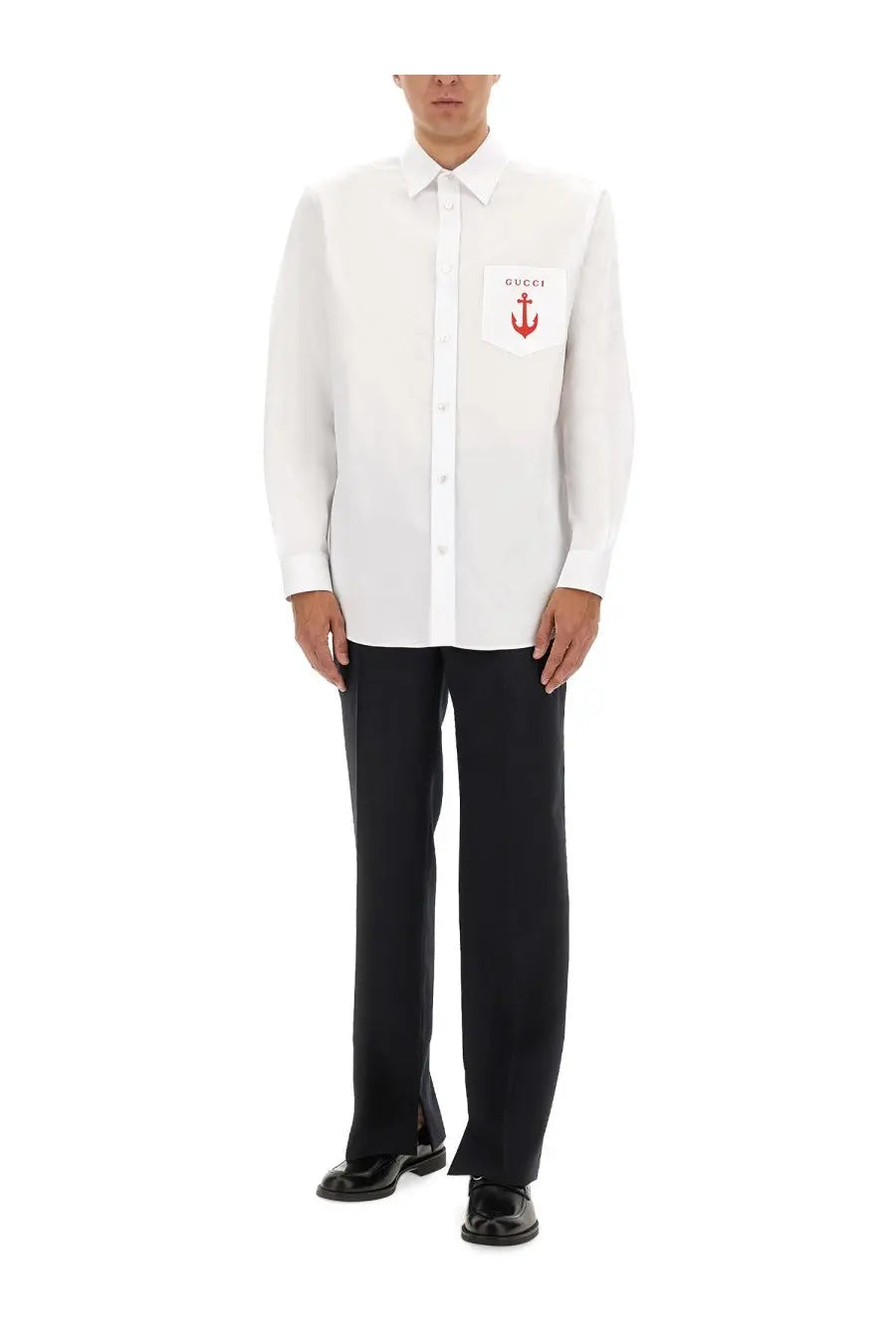 White Gucci men’s long-sleeved button-down shirt with red anchor emblem on left chest pocket