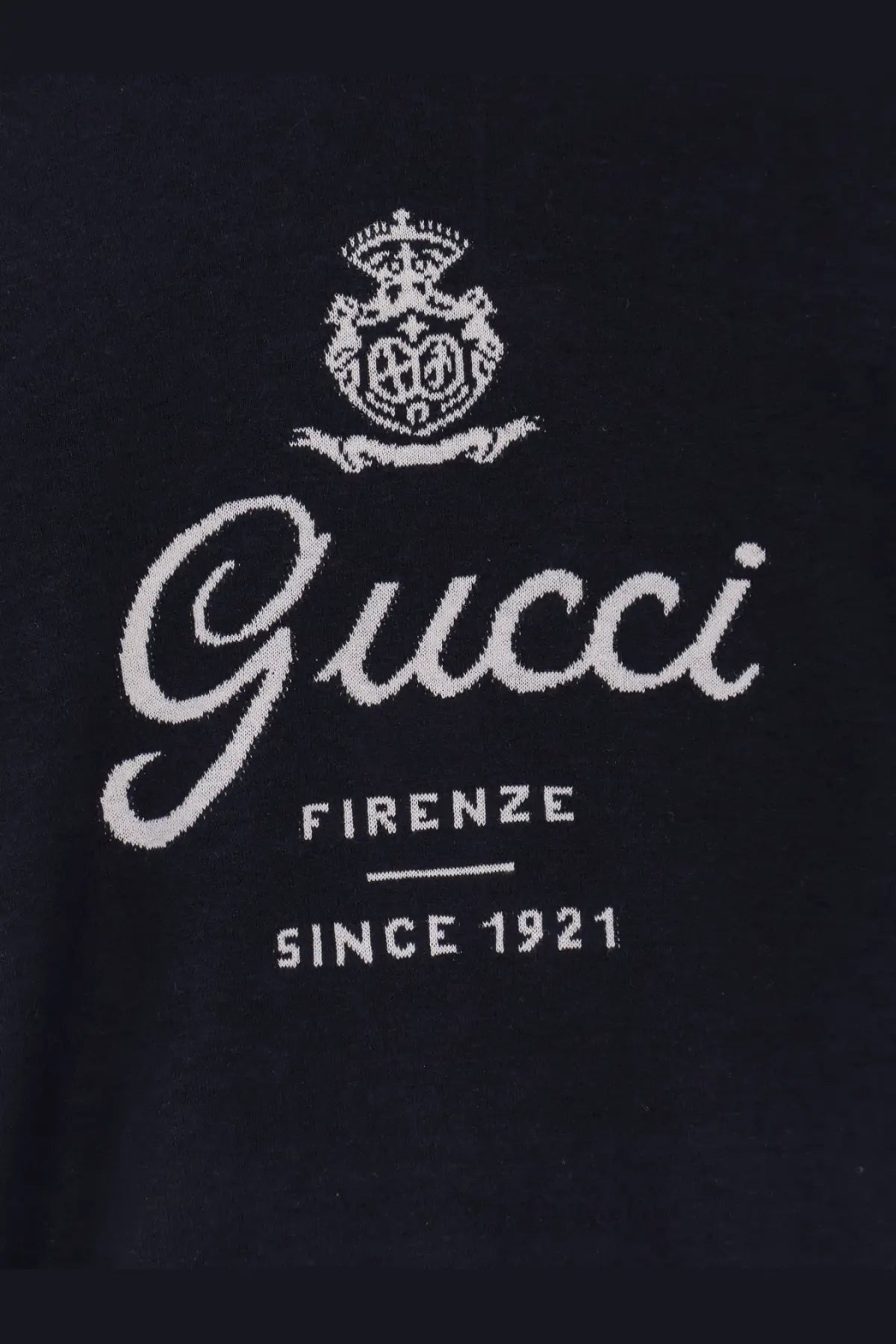 Black Gucci men’s silk and linen sweater with white embroidered logo and Firenze since 1921 text