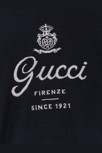 Black Gucci men’s silk and linen sweater with white embroidered logo and Firenze since 1921 text