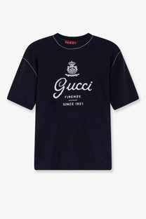 Navy blue Gucci men’s silk and linen t-shirt with white embroidered logo and contrasting white stitching details